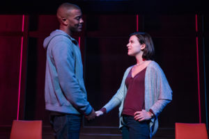 Joshua Boone and Alexandra Boone in Manhattan Theatre Club's production of Anna Ziegler's "Actually" at New York City Center.