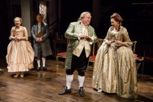 Tessa Albertson, Daniel Davis, Kevin Chamberlin, and Harriet Harris in Bruce Norris's "The Low Road" at The Public Theater.