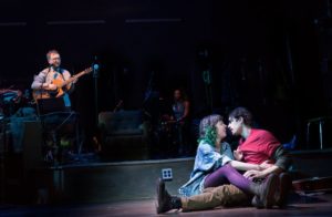 Shaun Bengson, Adina Verson, and Damon Daunno in the Bengsons' “The Lucky Ones” at the Connelly Theater, courtesy of Ars Nova.