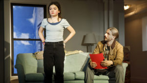 Ella Kennedy Davis and Lucas Papaelias in Lindsey Ferrentino's "This Flat Earth" at Playwrights Horizons.