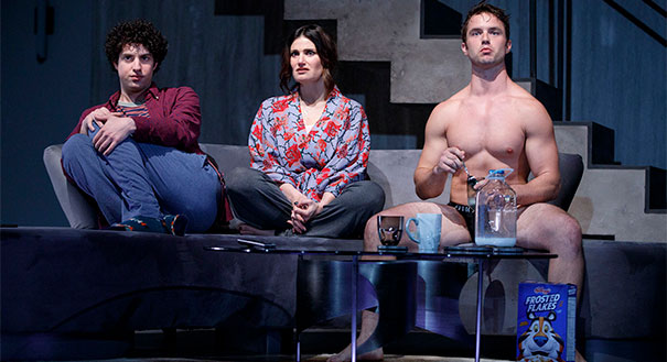 Eli Gelb, Idina Menzel and Will Brittain in Roundabout Theatre Company's production of "Skintight" by Joshua Harmon at the Laura Pels Theatre.