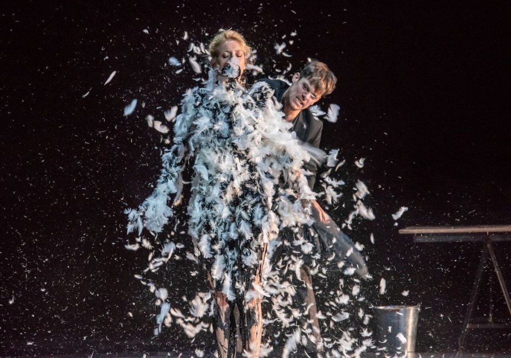 Adeline Lepoivre and Christophe Montenez in Ivo van Hove's stage adaptation of "The Damned" at the Park Avenue Armory, co-presented with Comédie-Française.