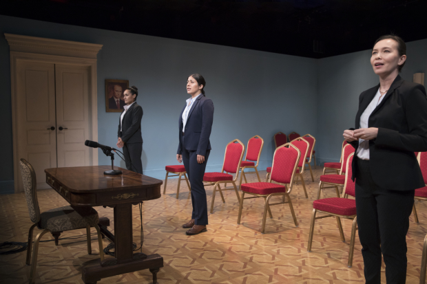 Nicole Shalhoub, Nadine Malouf, and Stacey Yen in Stefano Massini's "Intractable Woman" at 122 Community Center's Second Floor Theater, courtesy of PlayCo.