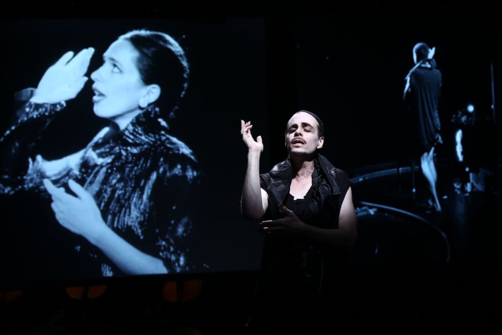 Rob Roth and Rebecca Hall (filmed performance) in "Soundstage" at HERE Arts Center. Photo by Paula Court.