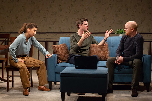 Jeanine Serralles, Michael Esper, and Jeff Biehl in Page 73's world premiere production of Mia Chung's "Catch as Catch Can" at the New Ohio Theatre. Photo by Hunter Canning.