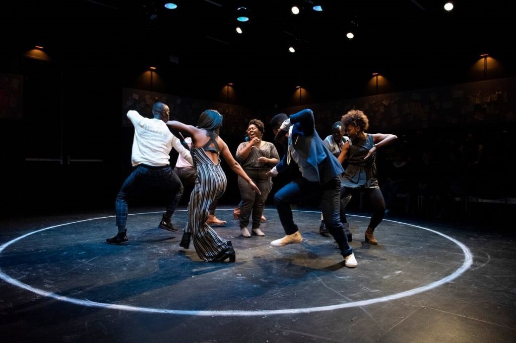 The company of the Movement Theatre Company's production of Aleshea Harris's "What to Send Up When It Goes Down" at A.R.T./New York Theatres. Photo by Ahron R. Foster.