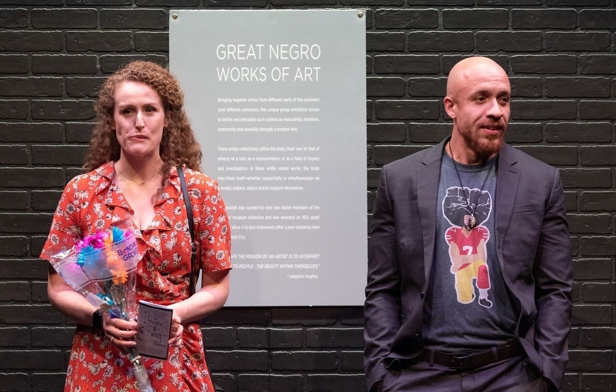 Brenda Meaney and KeiLyn Durrel Jones in "Great Negro Works of Art", one of the short plays in the 2019 edition of the LaBute New Theater Festival. Photo by Russ Rowland.