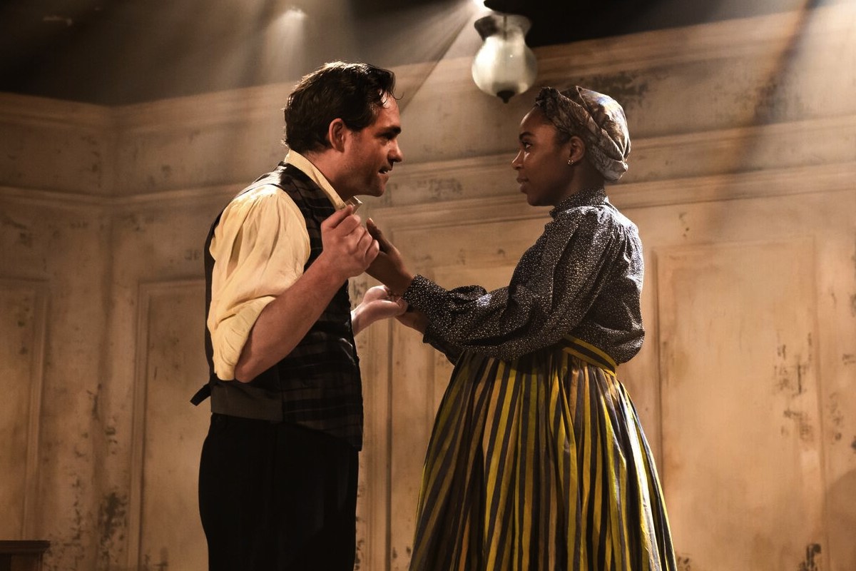 Joel Ripka and Naomi Lorrain in Ensemble Studio Theatre's production of "Behind the Sheet" by Charly Evon Simpson. Photo by Jeremy Daniel.