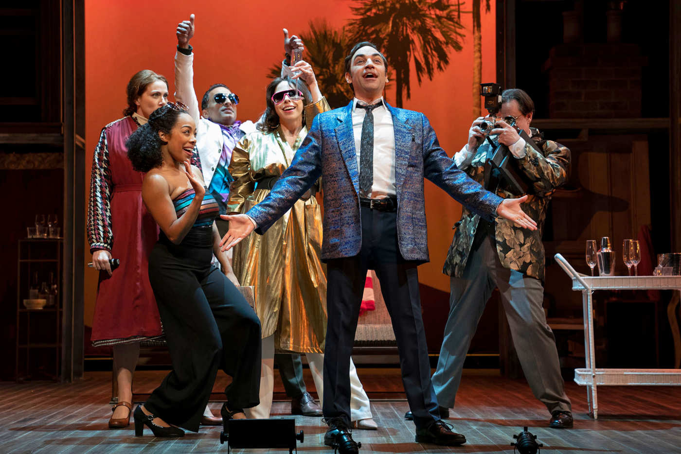 The company of Fiasco Theater's revival of Stephen Sondheim and George Furth's "Merrily We Roll Along", courtesy of Roundabout Theatre Company, at the Laura Pels Theatre. Photo by Joan Marcus.