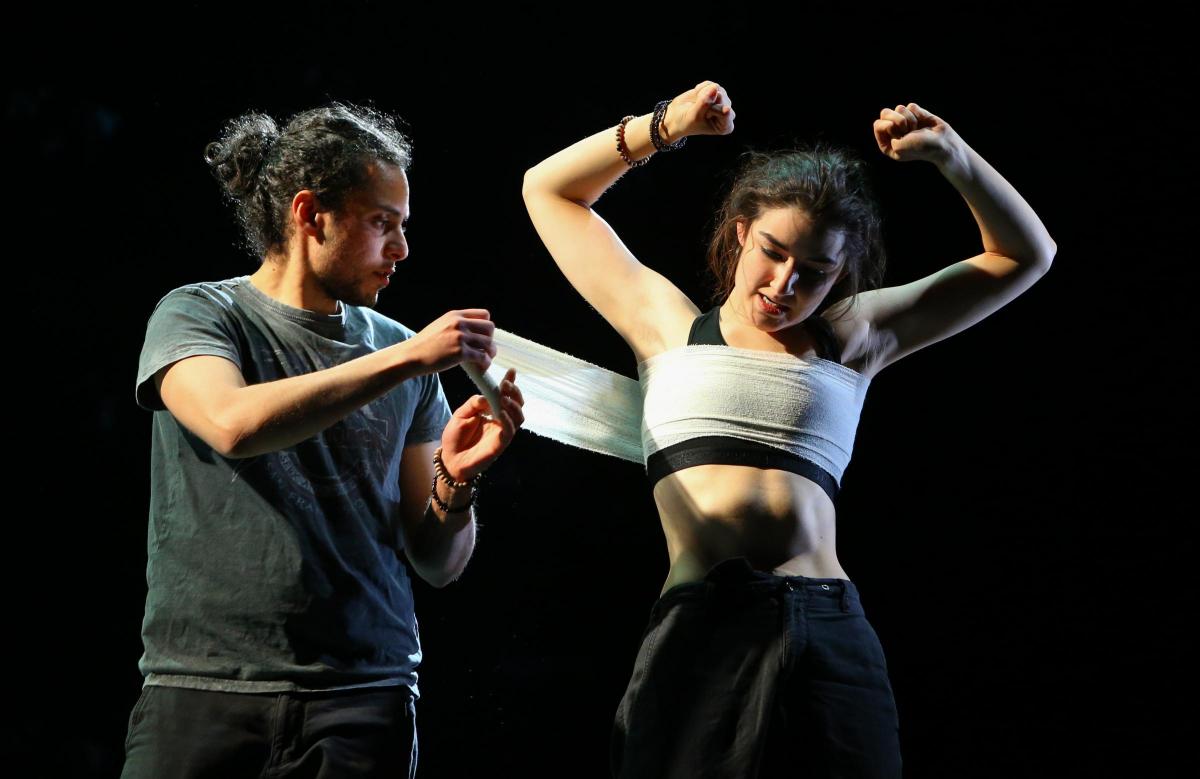 Adam Kashmiry and Rehanna MacDonald in Frances Poet's "Adam", a National Theatre of Scotland production at NYU Skirball.