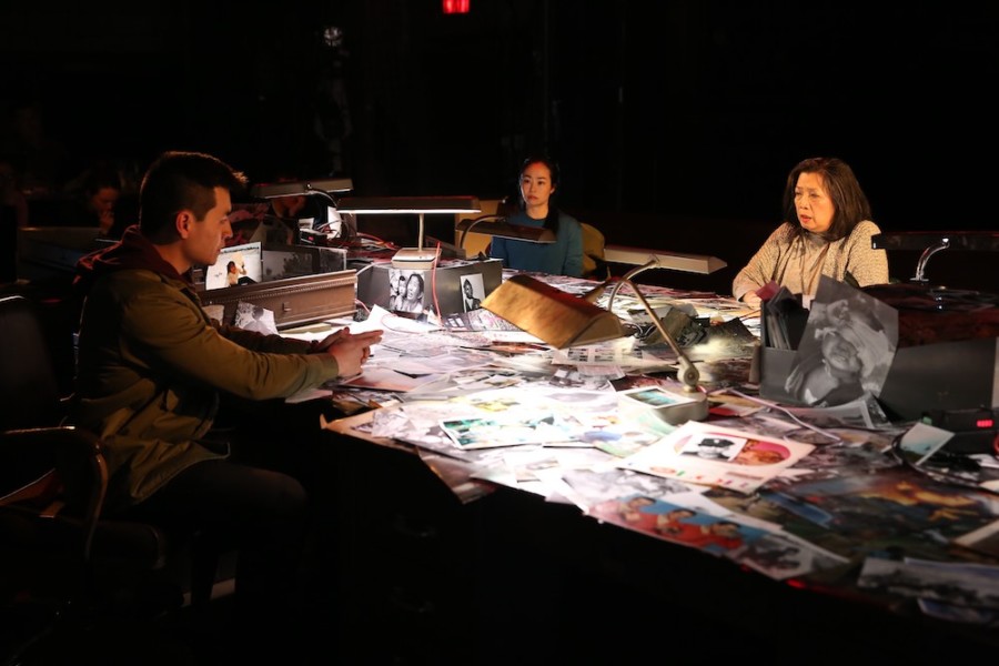 David Huynh, Eunice Wong, and Mia Katigbak in Daniel Berrigan's "The Trial of the Catonsville Nine", a co-production by Transport Group and NAATCO, at the Abrons Arts Center. Photo by Carol Rosegg.