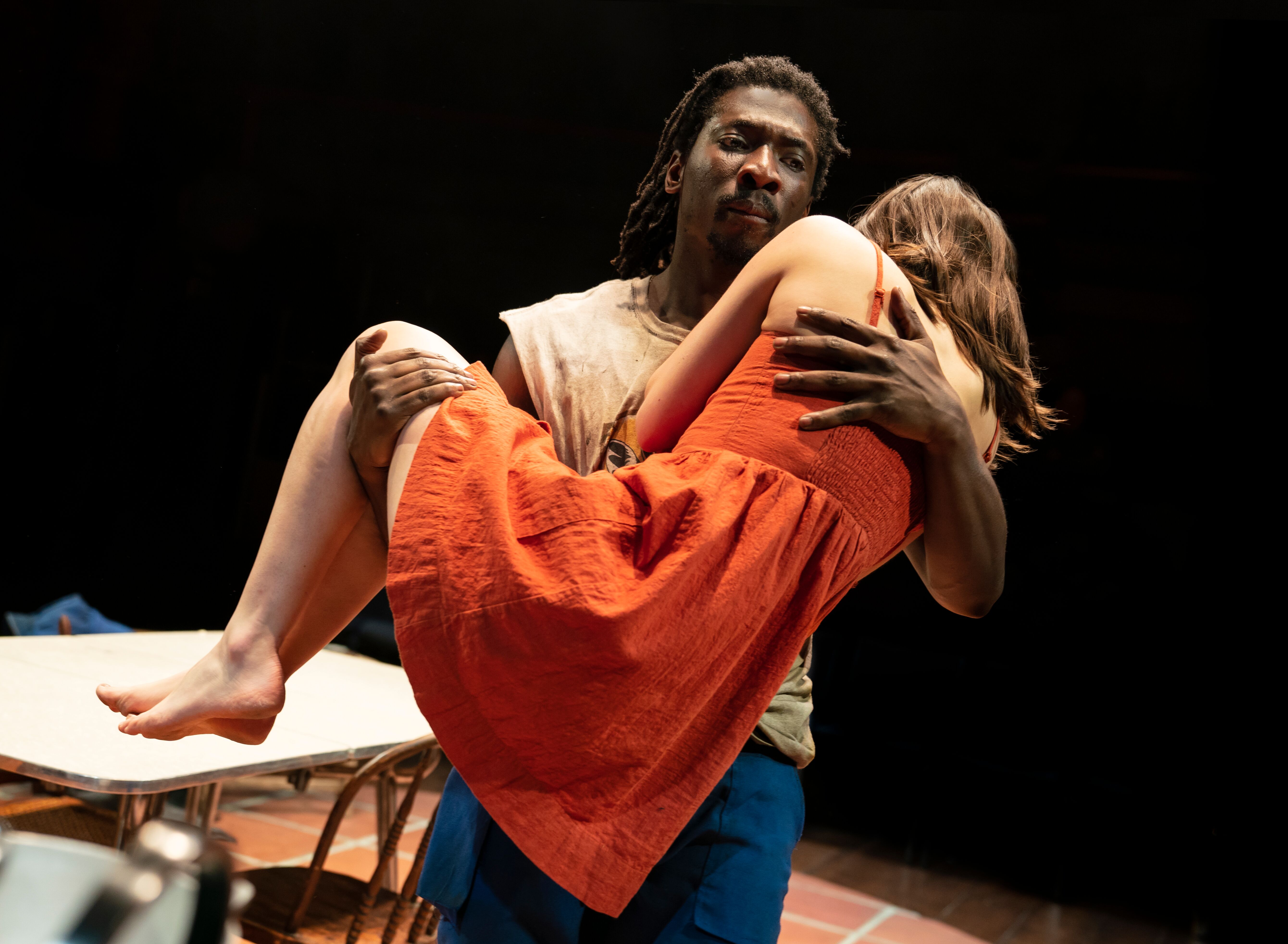 James Udom and Elise Kibler in Yael Farber's "Mies Julie" at Classic Stage Company. Photo by Joan Marcus.
