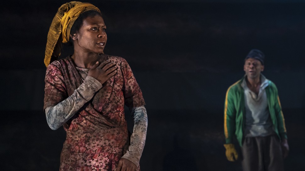 Zainab Jah and Sahr Ngaujah in Signature Theatre Company's revival of "Boesman and Lena" by Athol Fugard. Photo by Joan Marcus.