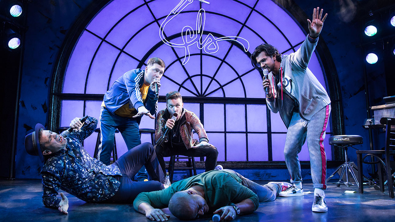 Anthony Veneziale, Chris Sullivan, Andrew Bancroft, Christopher Jackson, and Utkarsh Ambudkar in "Freestyle Love Supreme" at the Greenwich House Theater. Photo by Matthew Murphy.