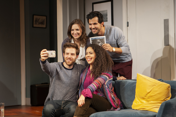 Ben Rappaport, Mairin Lee, Gabriel Sloyer, and Keren Lugo in Matt Williams' "Actually, We’re F**ked" at the Cherry Lane Theatre. Photo by Monique Carboni.