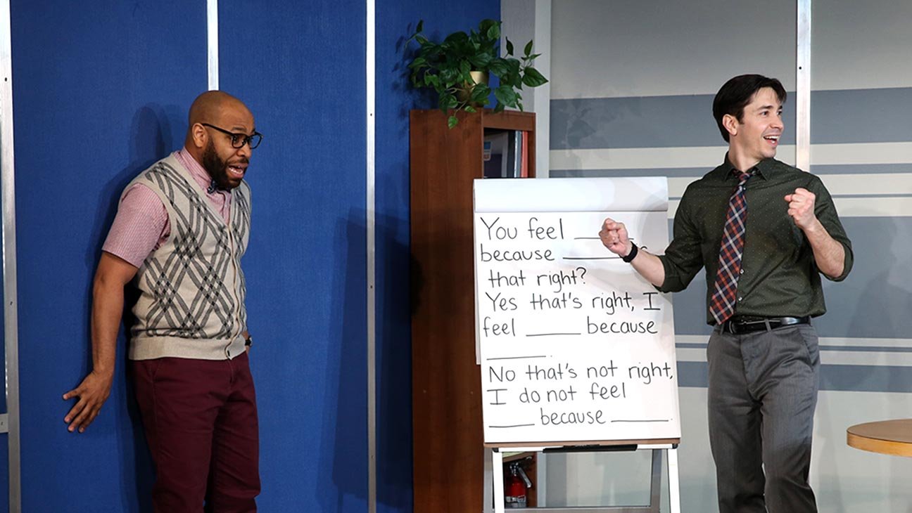 Ugo Chukwu and Justin Long in Mara Nelson-Greenberg's "Do You Feel Anger?" at the Vineyard Theatre. Photo by Carol Rosegg.