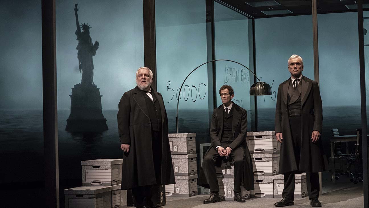 Simon Russell Beale, Adam Godley, and Ben Miles in Stefano Massini's "The Lehman Trilogy" at the Park Avenue Armory. Photo by Stephanie Berger.