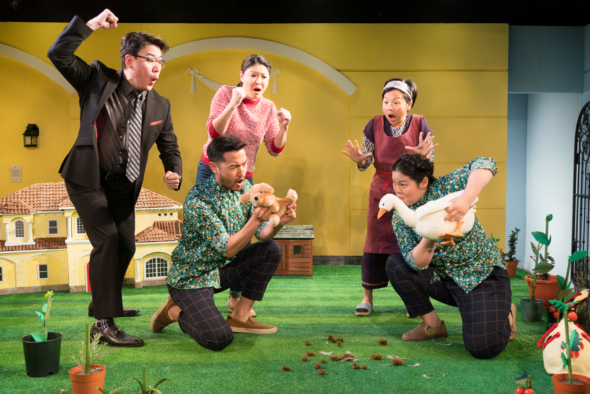 Kenneth Lee, Daniel K. Isaac, Jennifer Lim, Julyana Soelistyo, and Holly Chou in Clubbed Thumb's production of "You Never Touched the Dirt" by Zhu Yi at the Wild Project. Photo by Elke Young.