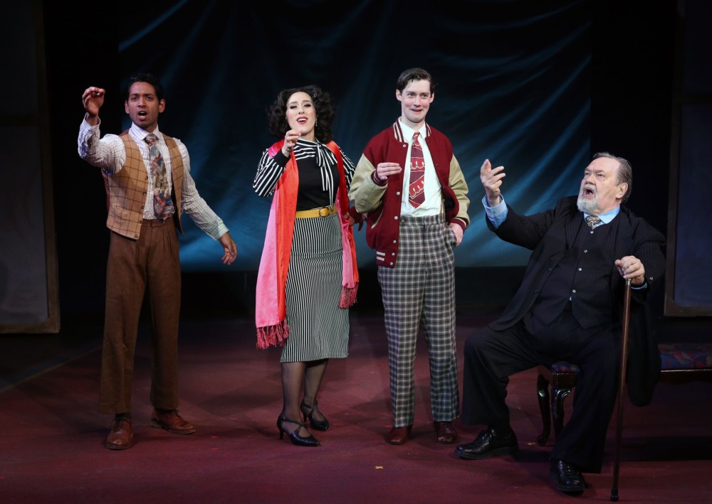 Raji Ahsan, Farah Alvin, Chris Dwan, and David Schramm in "Enter Laughing" at the York Theatre Company. Photo by Carol Rosegg.