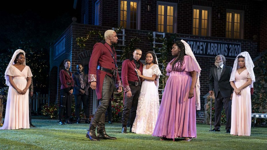 Grantham Coleman, Jeremie Harris, Margaret Odette, Danielle Brooks, and company in Free Shakespeare in the Park's production of "Much Ado About Nothing" at the Delacorte Theatre. Photo by Joan Marcus.