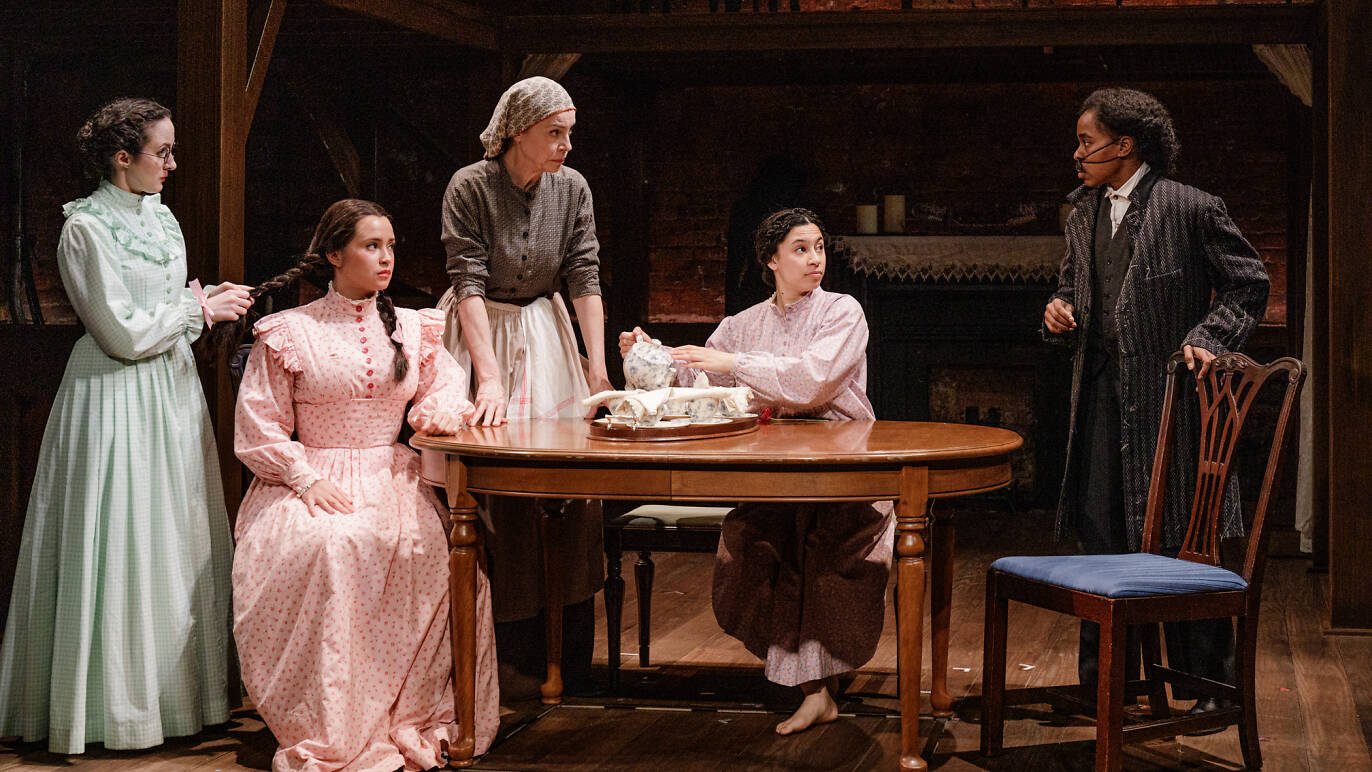 The company of Primary Stages' production of "Little Women", adapted by Kate Hamill, at the Cherry Lane Theatre. Photo by James Leynse.
