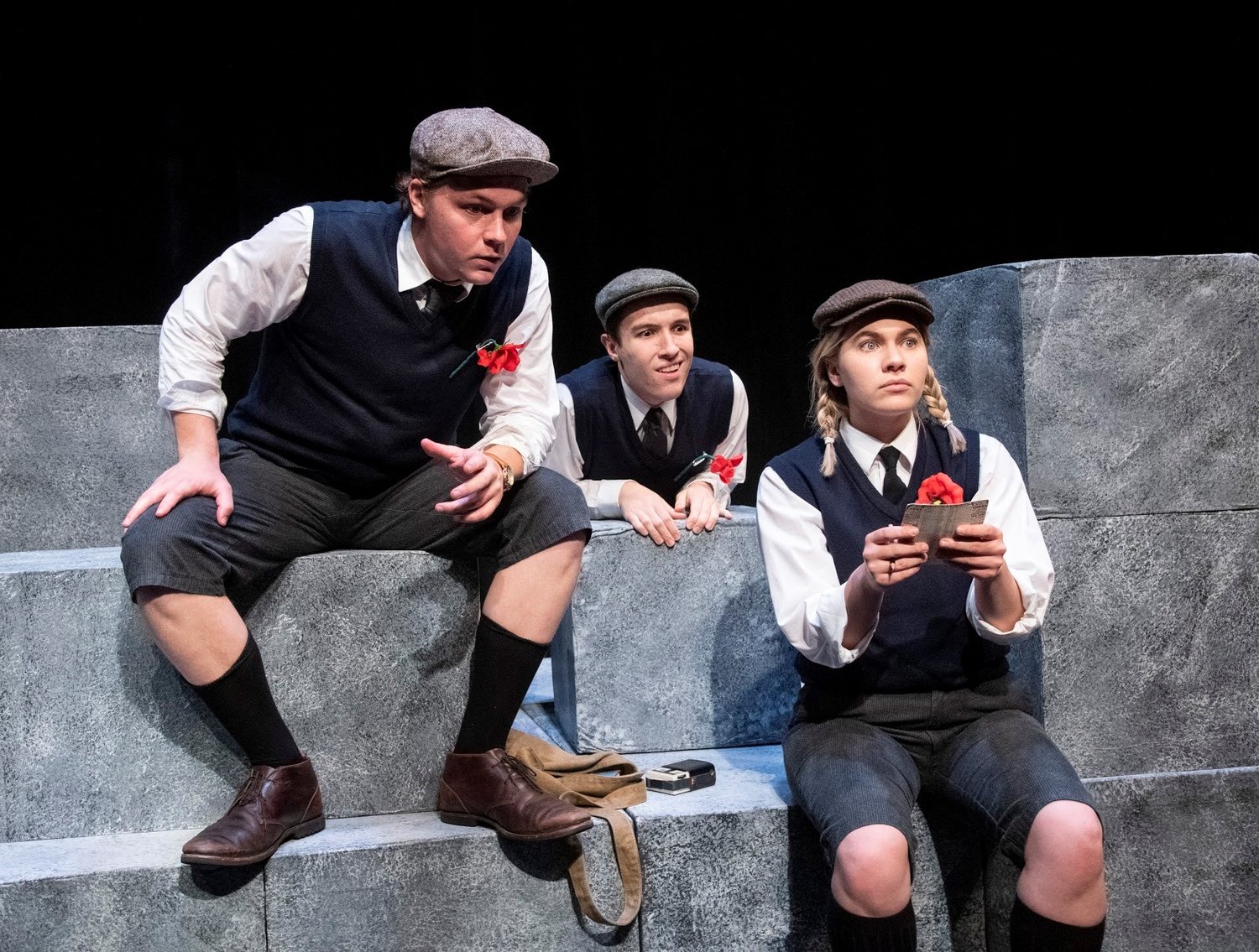 Connor Wright, Zach Varriccione, and Madeleine Russel in Potomac Theatre Company's production of "Dogg's Hamlet, Cahoot's Macbeth" by Tom Stoppard at Atlantic Stage 2. Photo by Stan Barouh