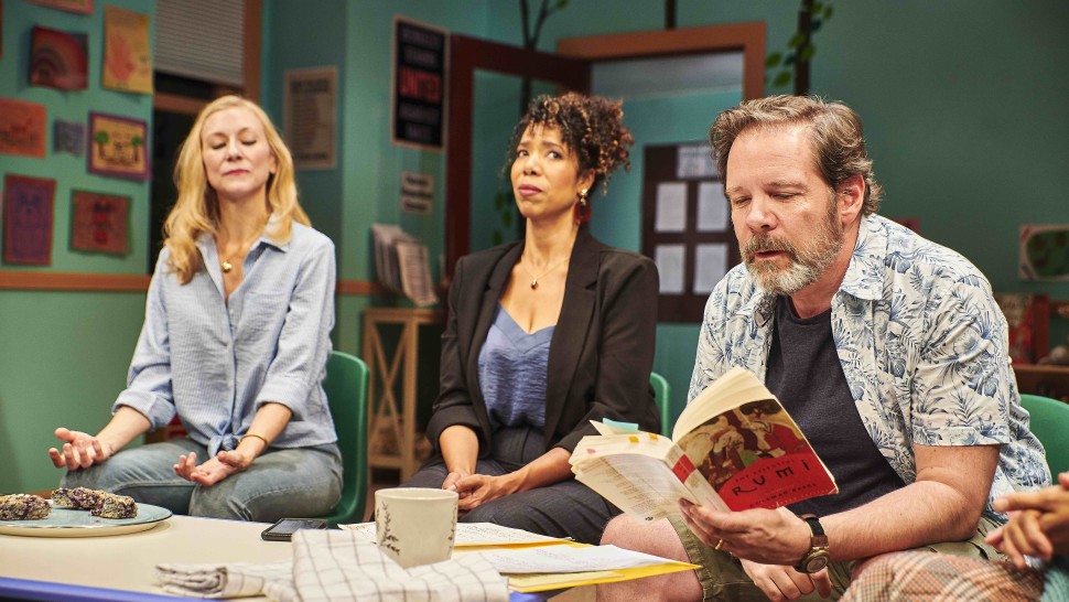 Tina Benko, Elizabeth Carter, and Thomas Jay Ryan in Colt Coeur's production of "Eureka Day" by Jonathan Spector at the Walkerspace Theatre. Photo by Robert Altman.