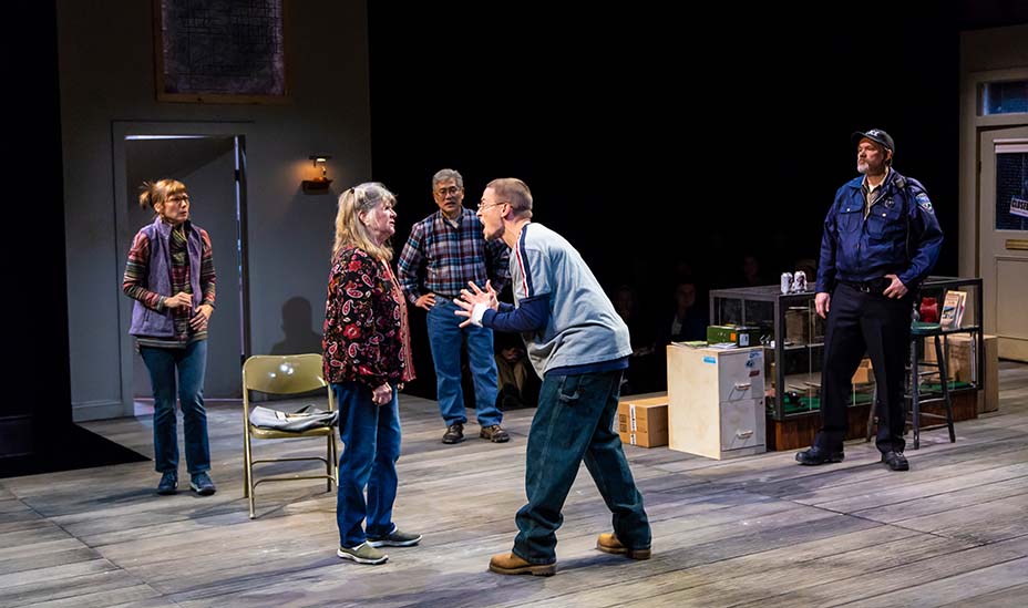 Nina Hellman, Judith Ivey, Ken Narasaki, Edmund Donovan, and Andrew Garman in Lincoln Center Theater's production of "Greater Clements" by Samuel D. Hunter at the Mitzi E. Newhouse Theater. Photo by T. Charles Erickson.