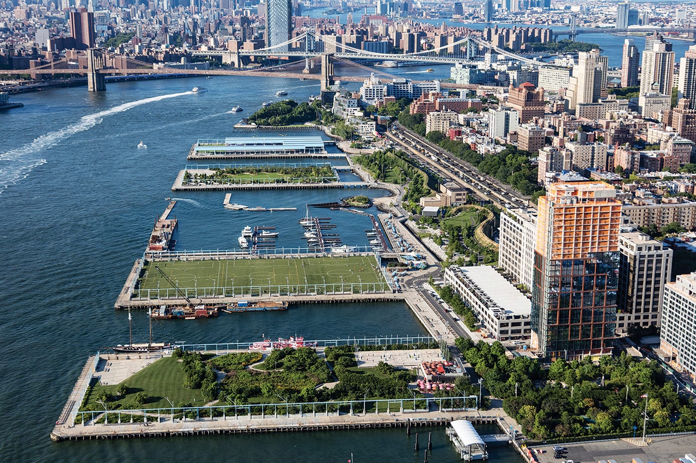 An aerial view of Brooklyn Bridge Park, the subject of Geoff Sobelle's "Hear Their There Here". Photo courtesy of City Parks Alliance.